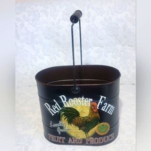 Vintage Unique Metal Bucket Red Rooster Farm Container Farmhouse Caddy Storage
